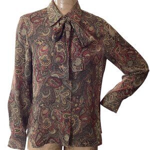 VTG Rafaella Semi-Sheer Button Up Bow/Tie/Sash Neck Paisley Top 10P #23W